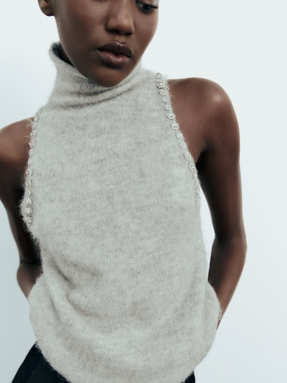 Zara Sleeveless Turtleneck Jeweled Sweater